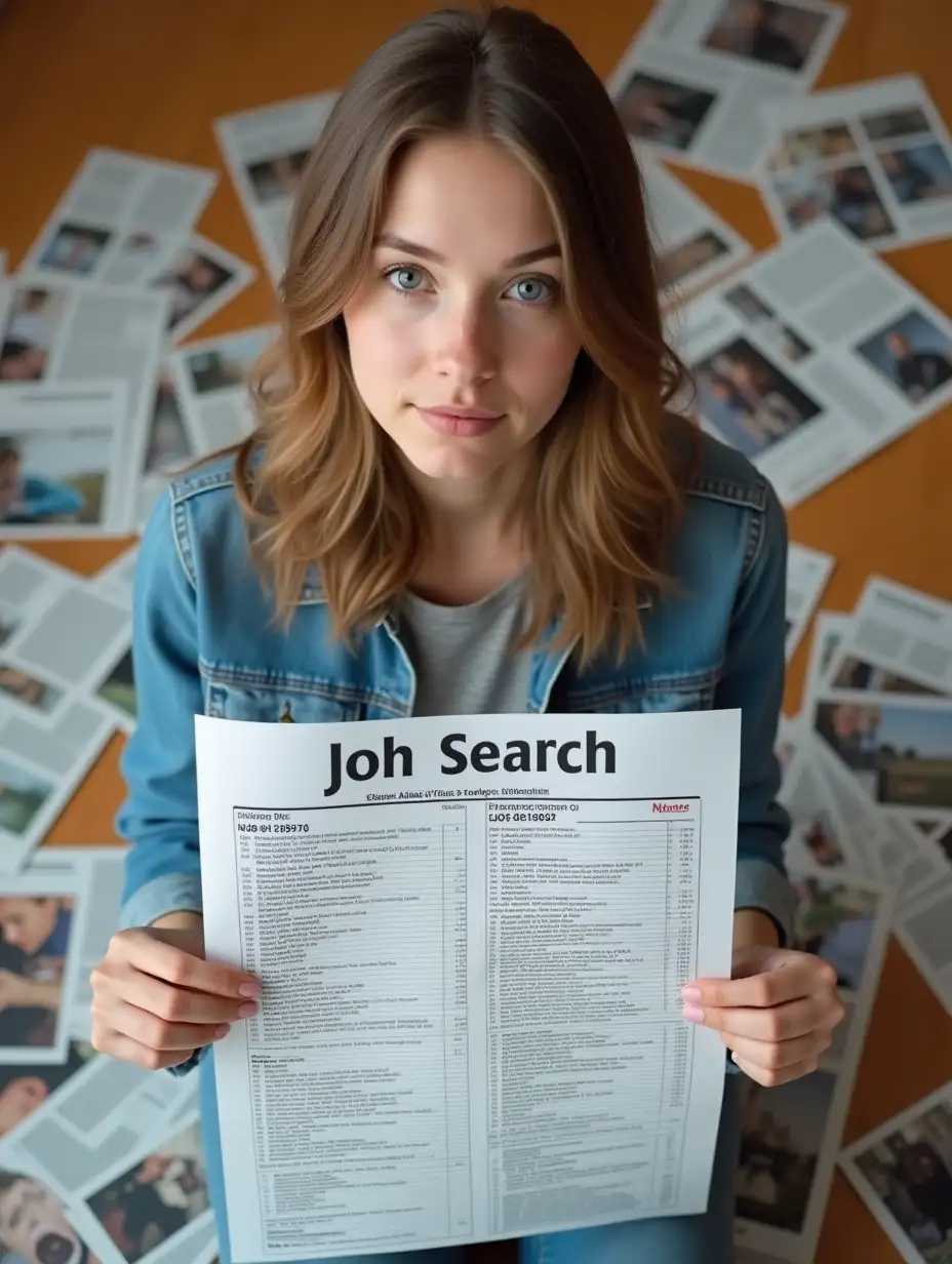 A young woman with shoulder-length light brown hair, around 20-22 years old, wearing a denim jacket, Photos are scattered on the floor, and the heroine is holding a job search newspaper in her hands, A view of the hands, without the face