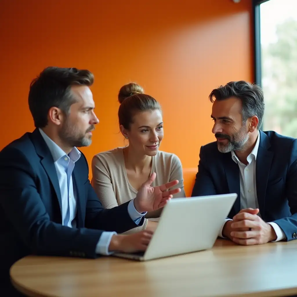 modern office with orange walls, three people sitting around a table, a laptop open in front of them, the consultant is a man in an elegant suit and shirt, speaking with confidence and gesturing as he explains, the couple in their forties listens attentively, the woman has her hair tied up and is wearing a refined blouse, the man has a well-groomed beard and a casual shirt, serious and engaged expressions, professional but warm atmosphere, natural light from the window, realistic details, high quality photographic aspect, ideal for a consulting post on social media