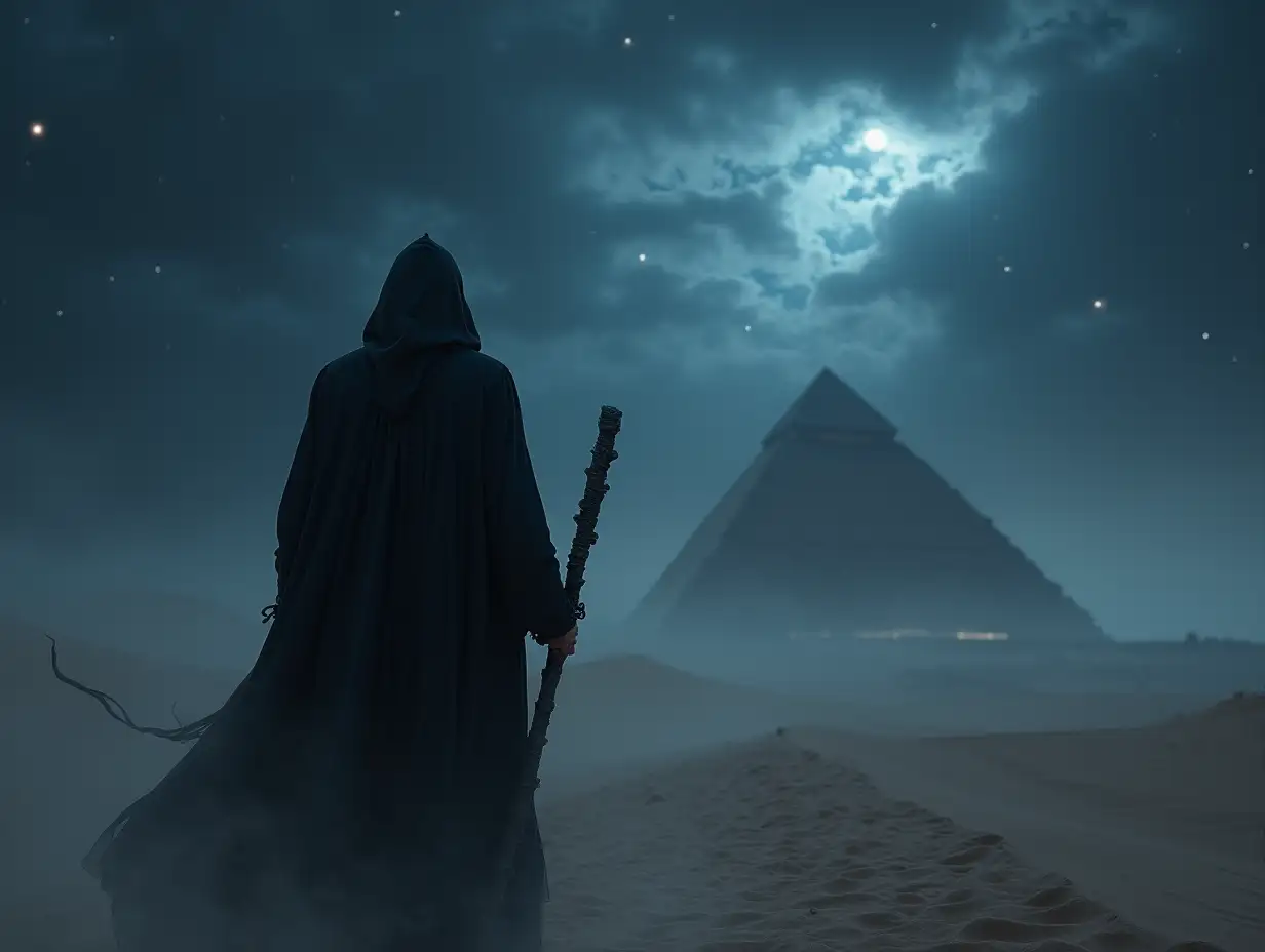 Mysterious-Figure-in-Black-Robe-Walking-Through-Desert-with-Obsidian-Staff