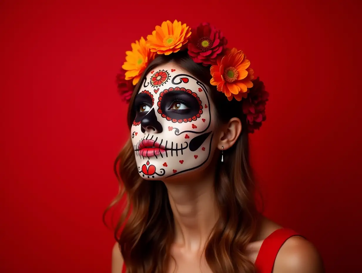 Stylish-Sugar-Skull-Makeup-Girl-with-Floral-Wreath-for-Halloween-Party