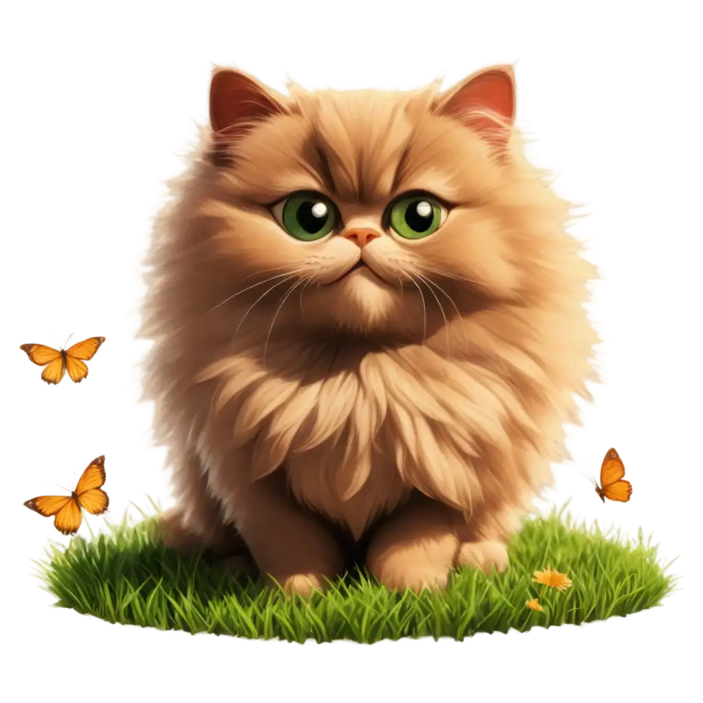 CutePNG-Image-Usage-Analysis-Persian-Cat-Playing-with-Butterflies-on-Green-Grass-PNG-Image-for-Kids-Cartoon-Designs
