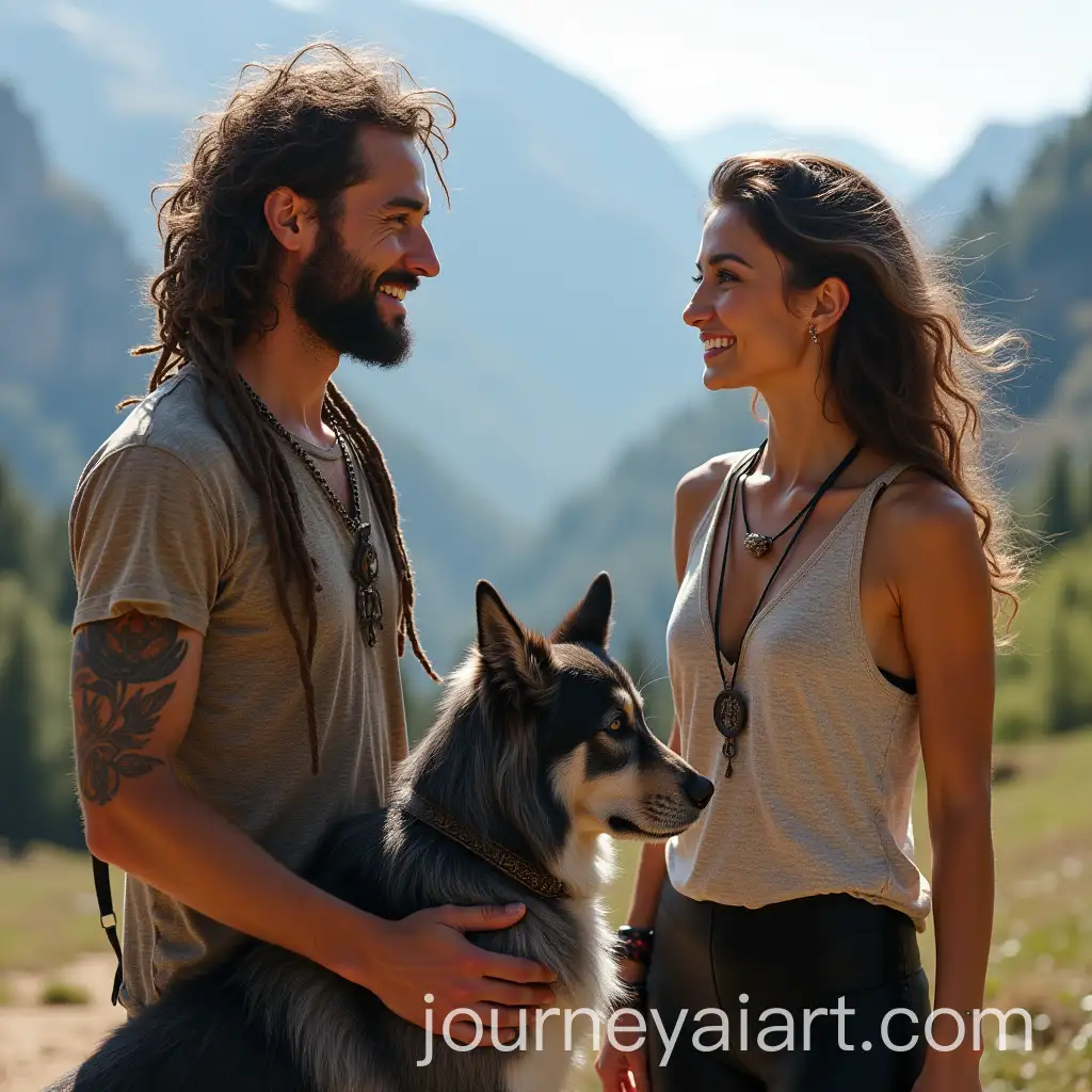 Man-and-Woman-with-Unique-Styles-Gazing-at-Each-Other-in-a-Mountainous-Landscape