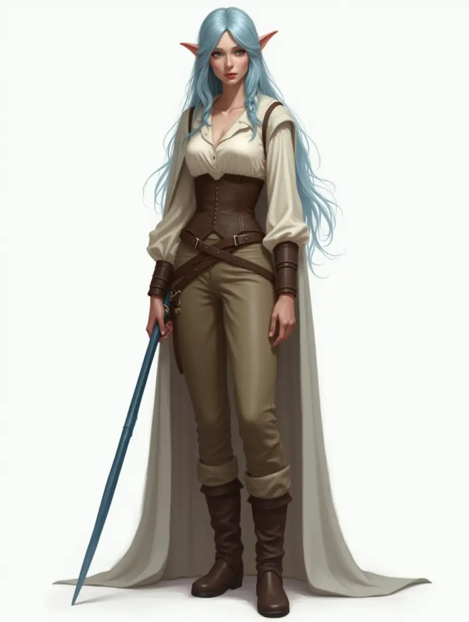 Full-body female elf, semi-realistic fantasy style. Mid-20s, average height, slim curvy build, pale skin. Long light blue hair in loose braid with face-framing bangs. Silver eyes, calm tired expression. Delicate sharp facial features, high cheekbones. Outfit: cream blouse under brown corset, earthy trousers, sturdy boots, cloak. Holding a blue sleek thin wand. Confident posture, soft lighting, solid white/grey background. Intricate details, sharp focus, painterly textures, mystical atmosphere.