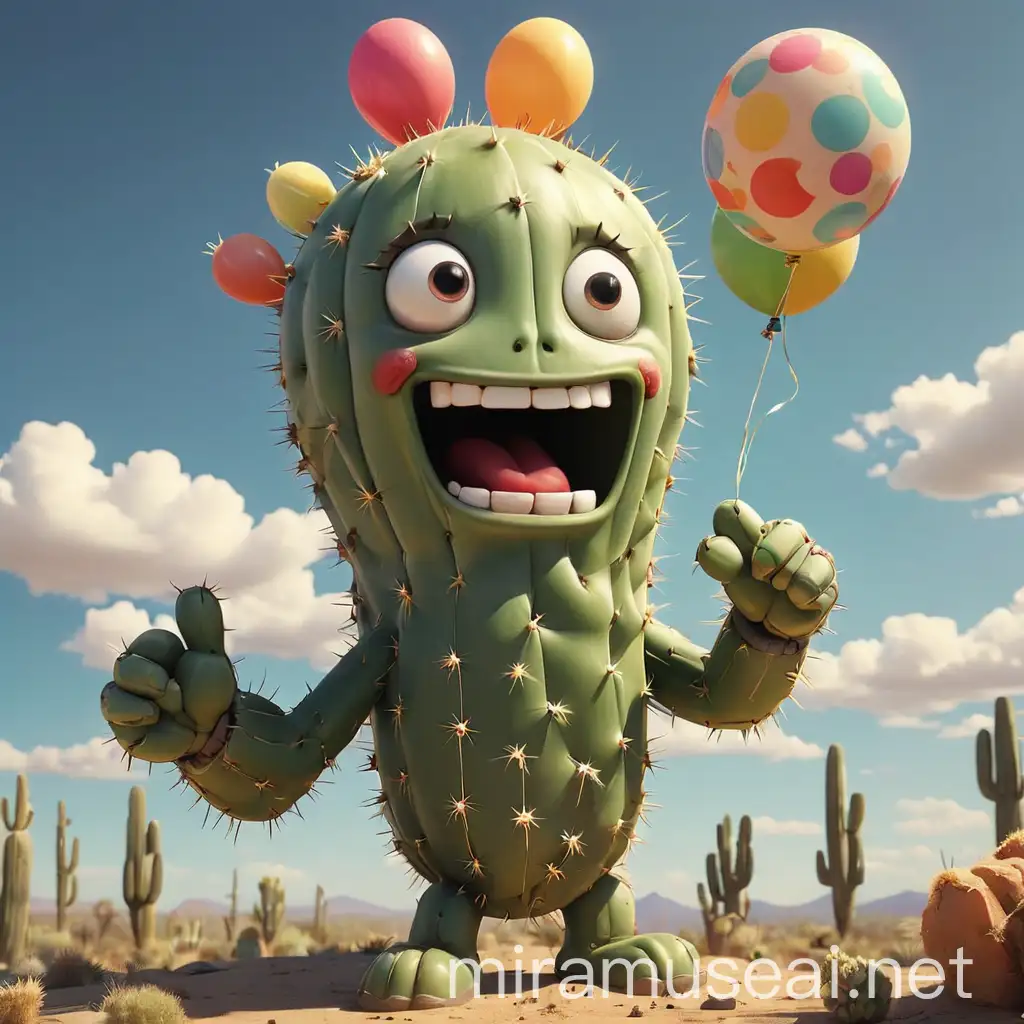 Whimsical Cactus Character Flying with Colorful Balloons and Playful Gun