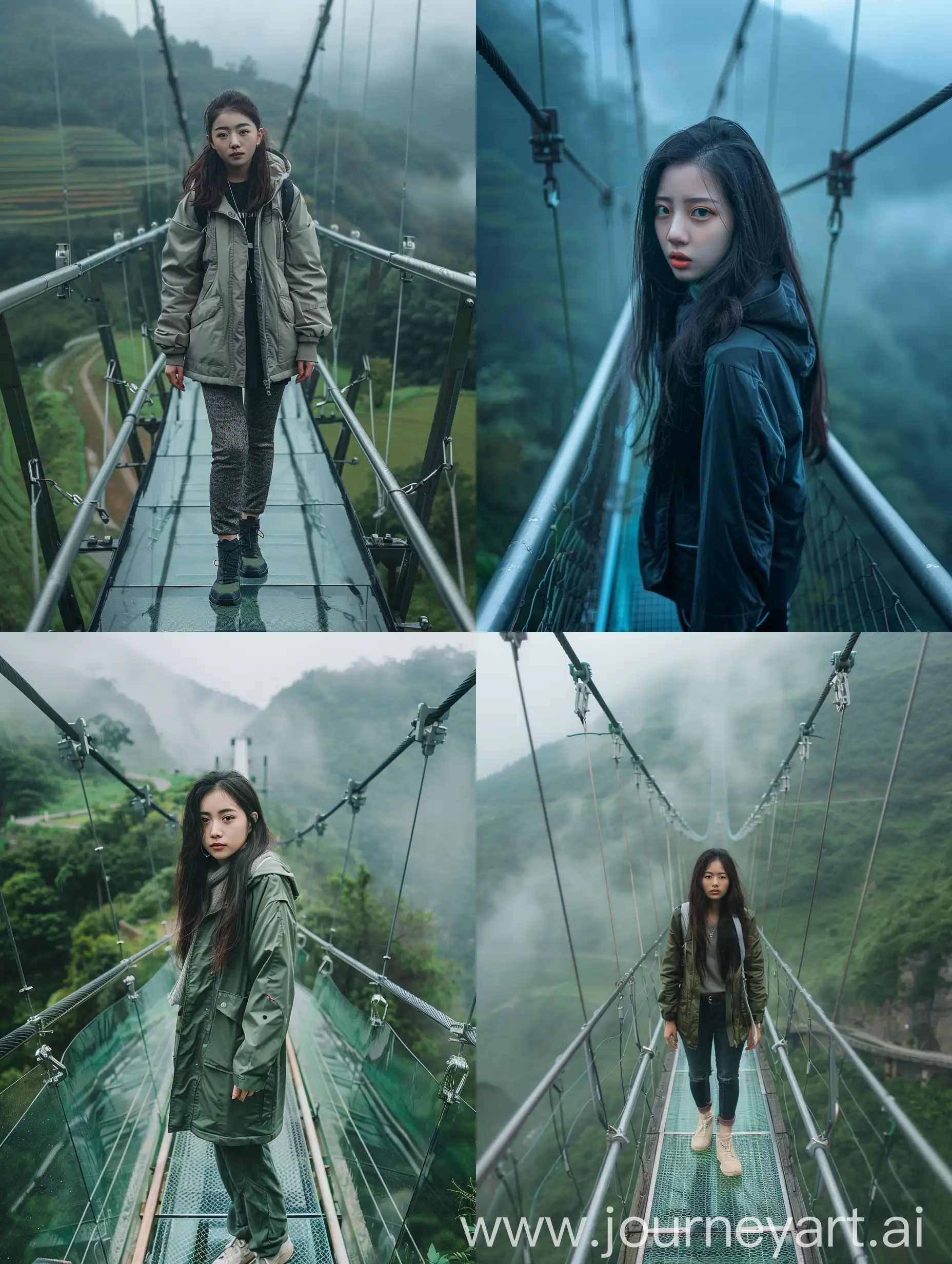 Korean-Woman-on-Glass-Bridge-Overlooking-Valley-in-Misty-Landscape