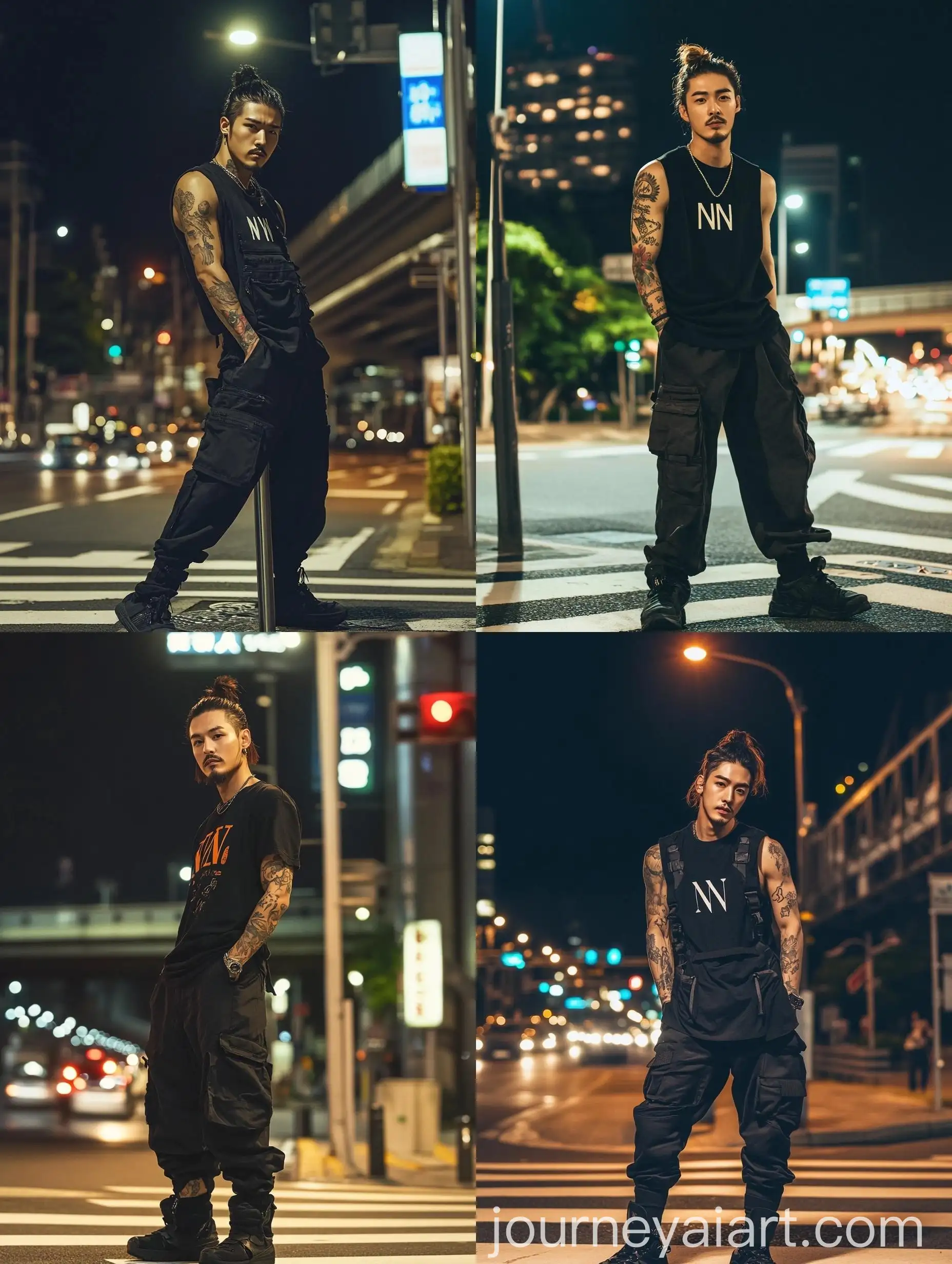 Urban-Night-Portrait-of-Stylish-Korean-Man-in-NN-Logo-Sleeveless-Shirt-and-Cargo-Pants