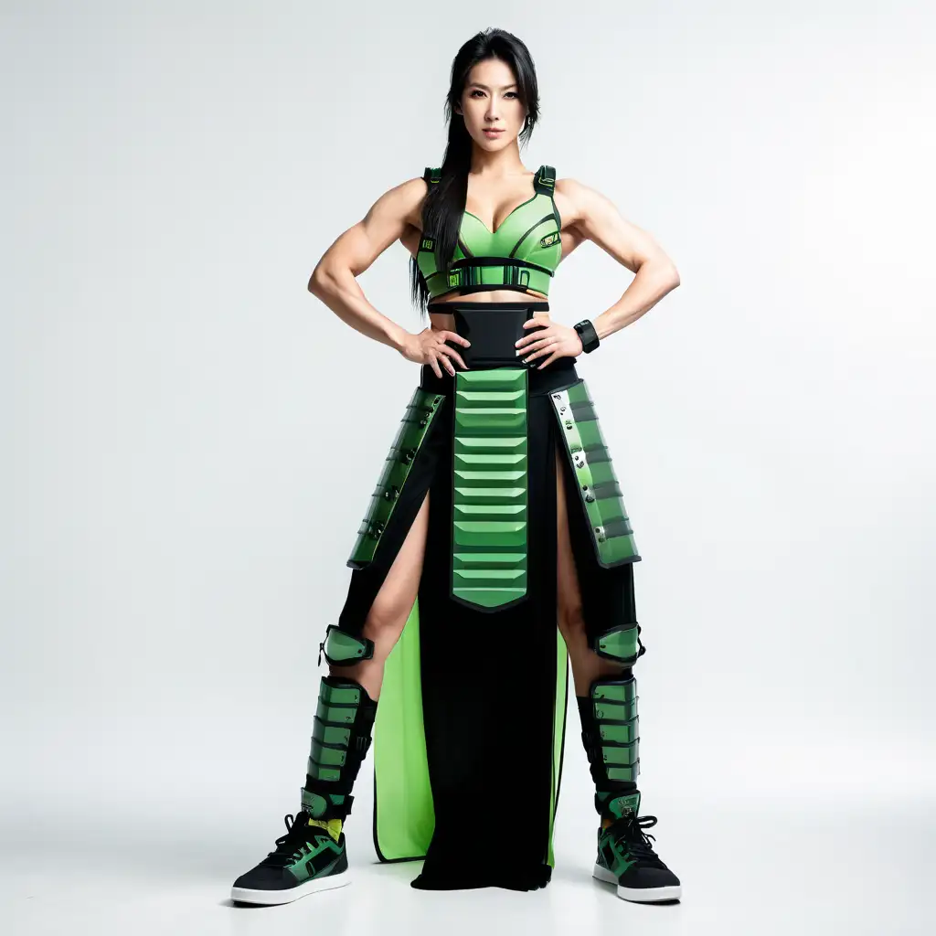 Japanese Female Bodybuilder in Green Samurai Armor