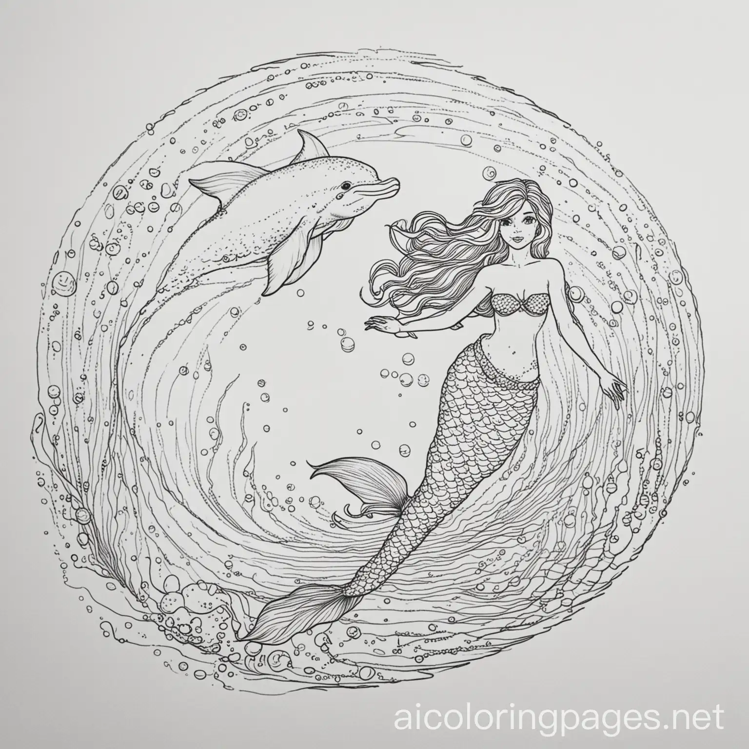 Mermaid-Swimming-with-Dolphin-Coloring-Page