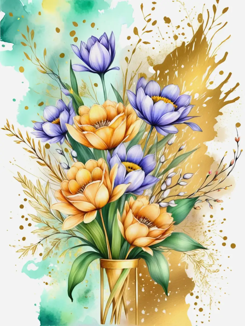 Spring-Bouquets-on-Watercolor-Background-with-Golden-Splashes