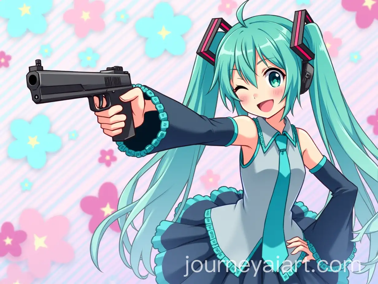 AI-Image-Prompt-ExpansionHatsune-Miku-Pointing-a-Gun-and-Smiling-in-a-Colorful-Dress-and-Background