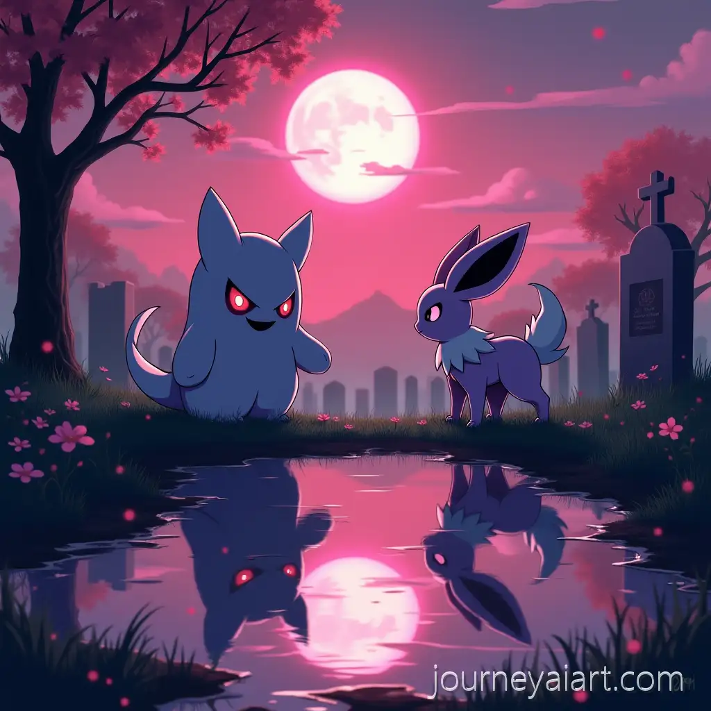 Gengar-and-Sylveon-twilightGengar-and-Sylveon-in-Twilight-Graveyard-with-Reflective-Puddle-and-Cherry-Blossoms