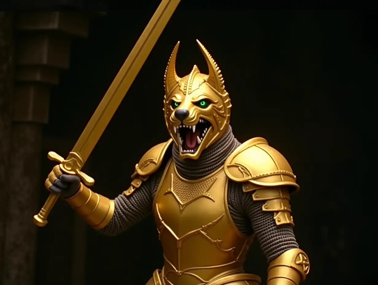 A live-action photo of the Golden Knight Garo from the 2005 series. The knight is fully armored in gold, with the helmet having a face with golden fangs and green emerald eyes of a wolf, as well as golden ears of a wolf. He wields a medium-sized golden great sword. The Golden Knight Garo is fighting The Alien By Ridley Scott (1979). The background is dark and ominous.