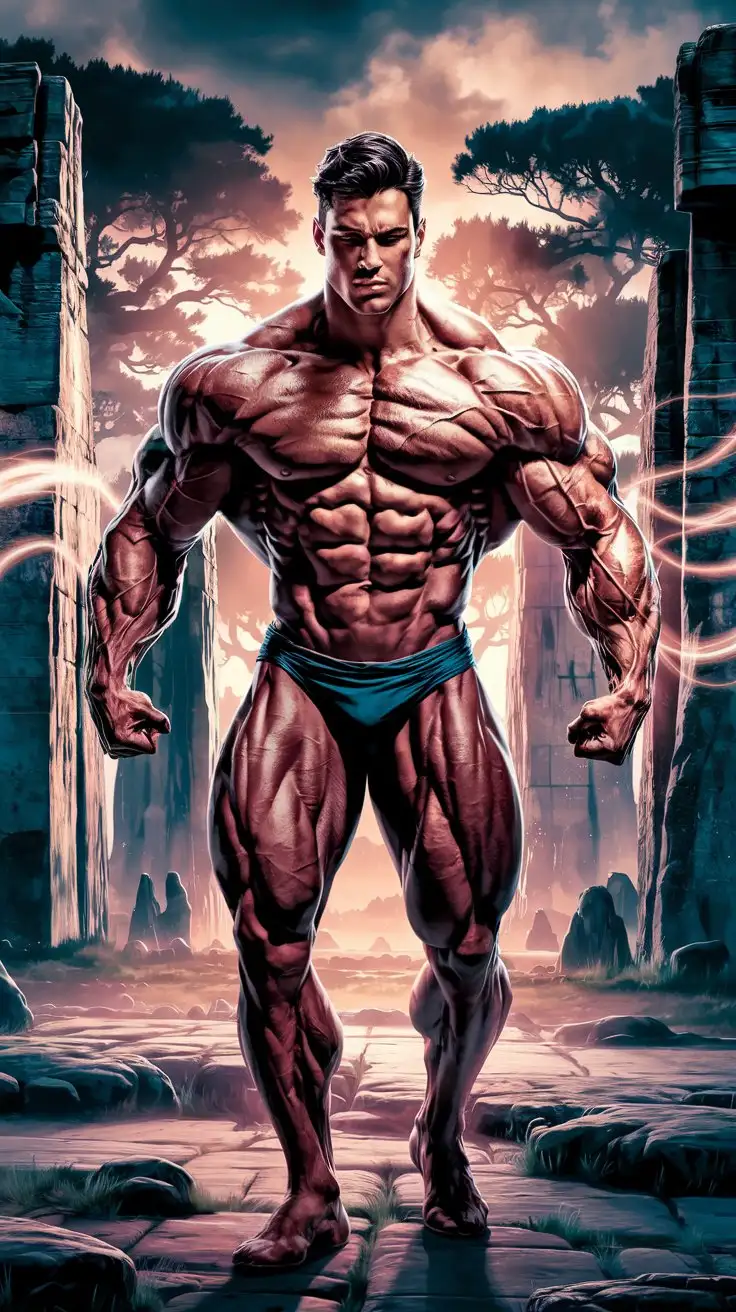 Powerfully muscled, hugely ripped, pumped, bodybuilder musclegod reverently receives the powers of Stonehenge, becomes a mighty superhero. 24 years old. Photorealistic.