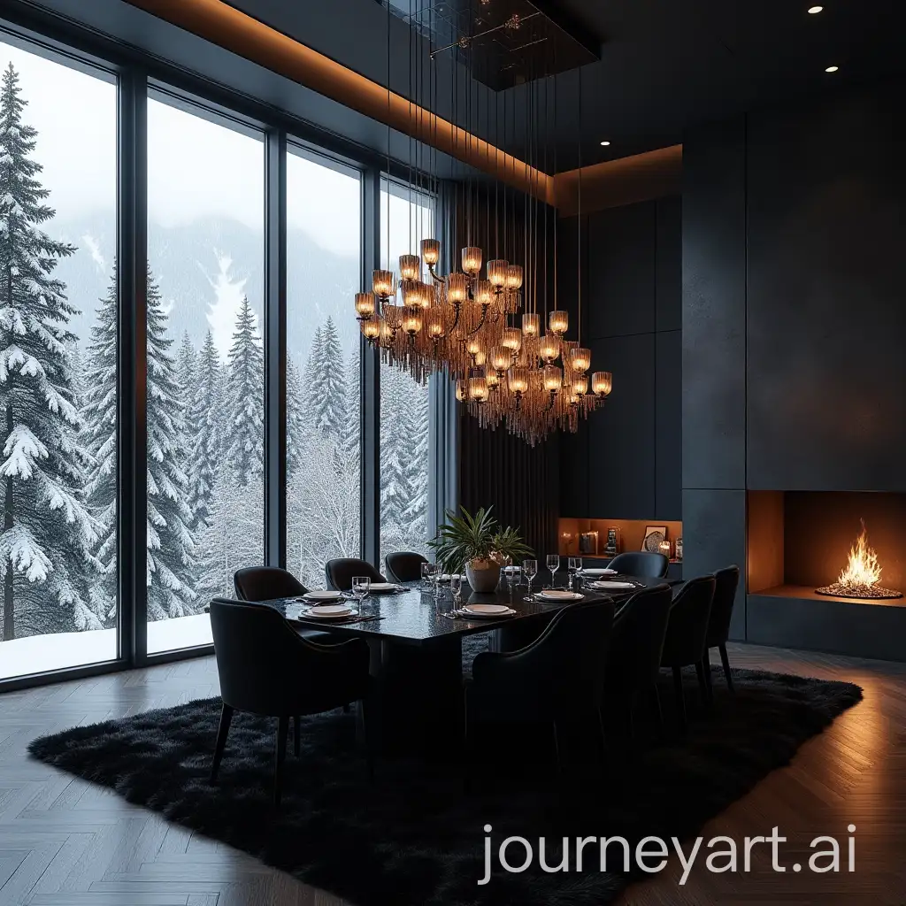 Luxurious-BlackThemed-Living-Room-with-Snowy-Mountain-View