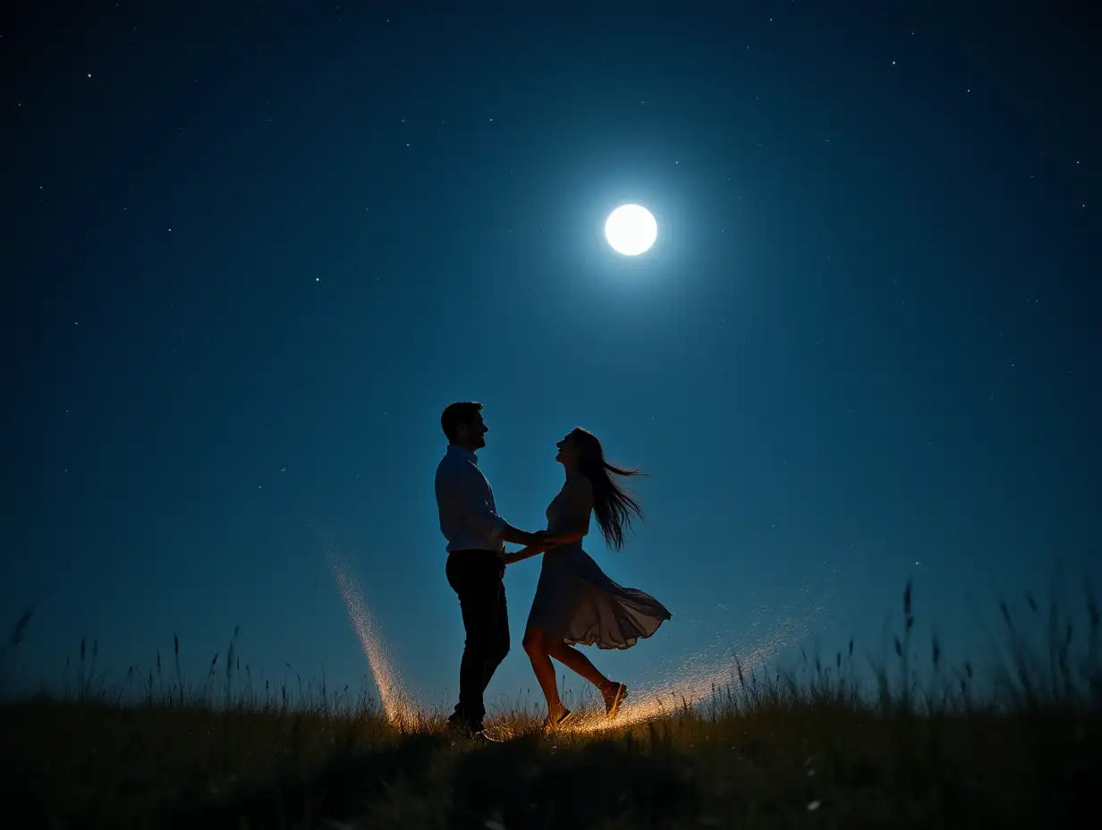 The couple is laughing and playfully spinning each other in a meadow under a vast starry sky. Their footsteps leave faint, glowing prints behind, as if creating a trail of stardust. They are bathed in soft moonlight, and the grass beneath their feet glows slightly, highlighting their joyful expressions. The stars and a large, bright moon illuminate the scene, creating a magical, almost surreal atmosphere.