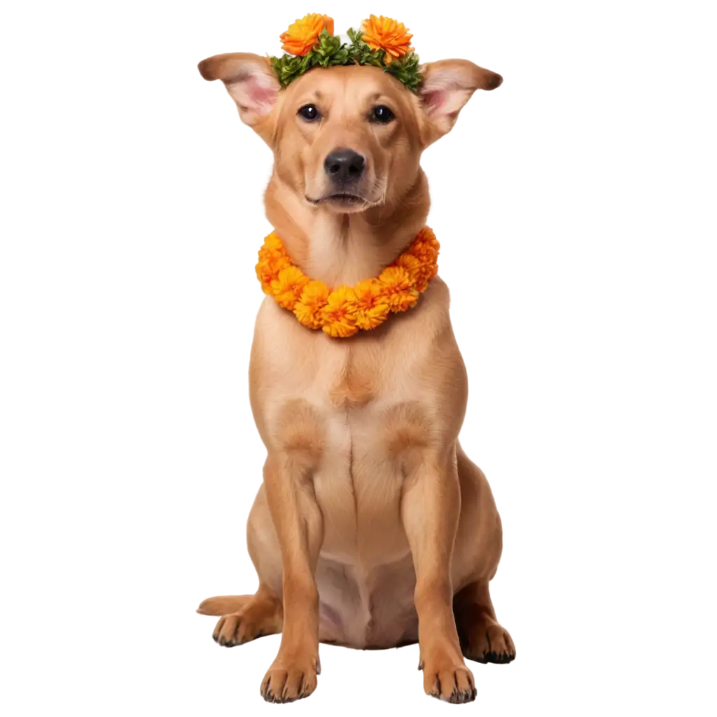 Celebrate-Kukur-Tihar-with-a-Realistic-Dog-PNG-Image-Featuring-Marigold-Garland-and-Red-Tika