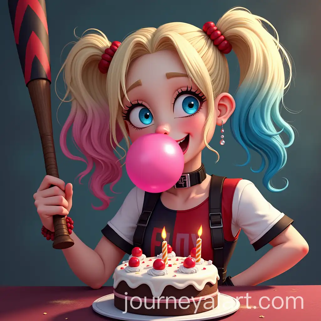 Harley-Quinn-Blowing-Bubble-Gum-with-Birthday-Cake-and-Baseball-Bat