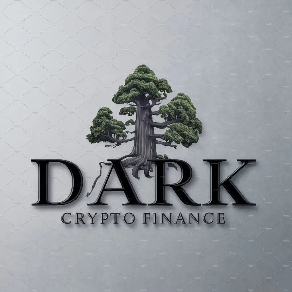 a logo design,with the text "Dark", main symbol:The main symbol of the logo is an antique,dark, sequoia, which is covered with green plants.,complex,be used in Crypto Finance industry,clear background