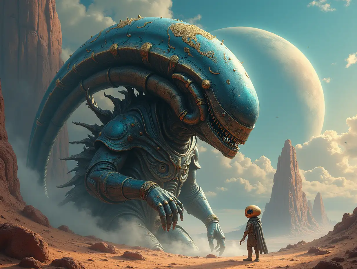 Hyperrealistic portrait of a gpanzerter metal alien king 10 meters tall with a small alien and the elaborately detailed, colorful wasser planet background