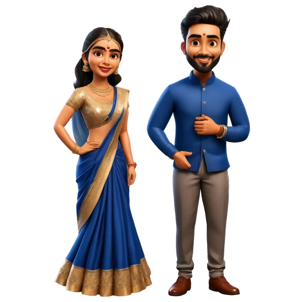 PNG-Caricature-of-South-Indian-Wedding-Couple-in-Royal-Blue-Attire-Dusky-Bride-and-Groom