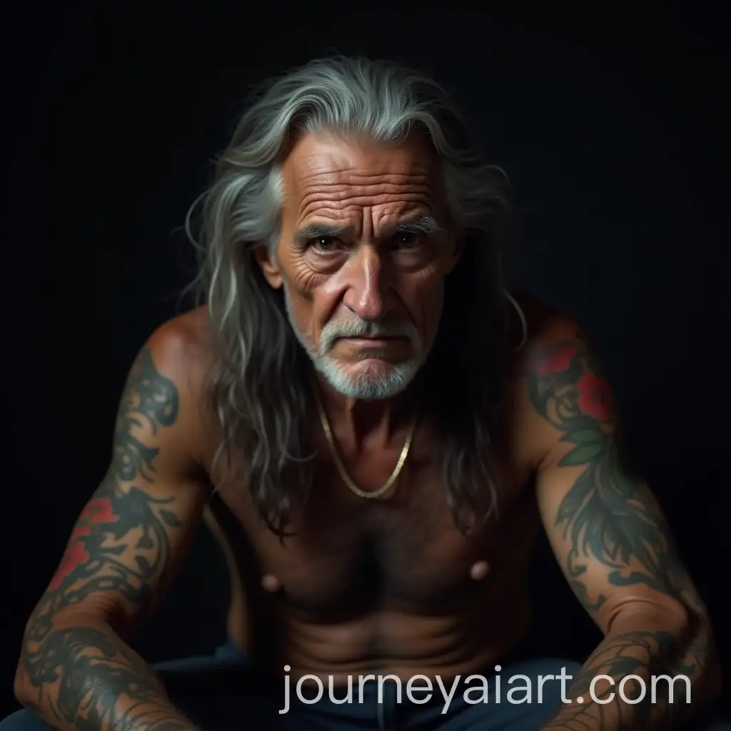 Old-American-Indian-Man-with-Tattoos-and-Gray-Hair-in-Dark-Room