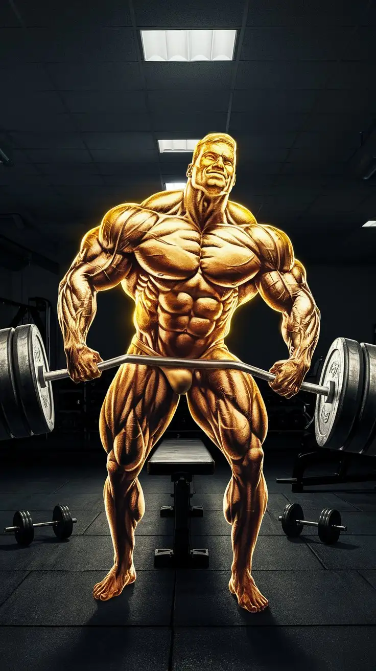 Ultra brawn. Musclegod bodybuilder. Discovering his Herculean powers for the first time. Reverent mood. Inside an empty gym at night. Golden glow. Photorealistic.