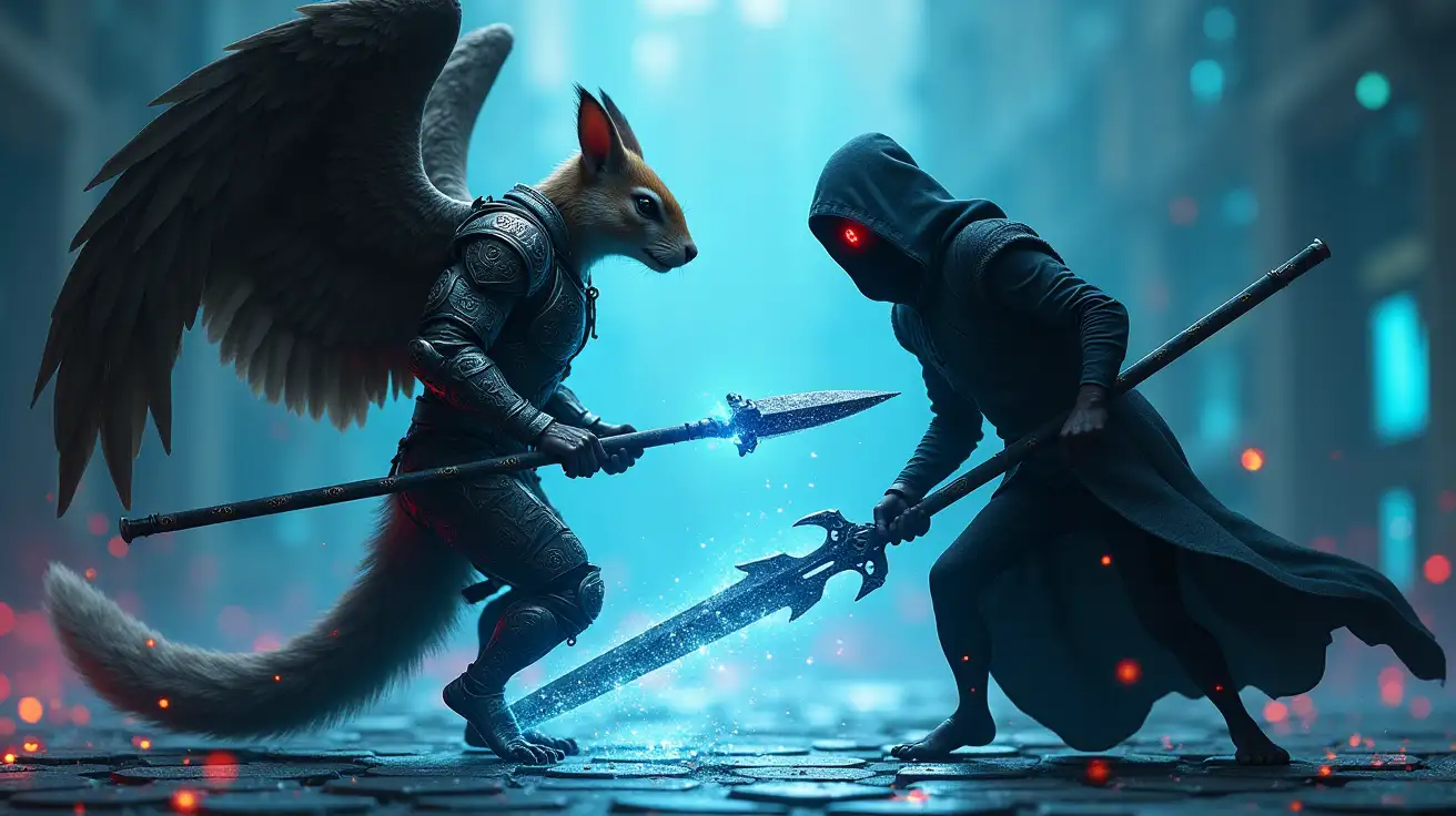 A cinematic, high-stakes digital duel on a glowing hexagonal grid. A battle-hardened, muscular humanoid angel stands poised, exuding grim intensity. His face is partially human, partially squirrel, with only the faintest trace of fur along the jawline and barely hinted, slightly pointed ears—enough to nod to his origins without sacrificing realism. His expression is steely and dangerous. The angel wears intricately engraved, battle-worn celestial armor etched with cryptographic runes; massive, shadowed wings extend behind him like ancient relics. In his hand, a lethal spear pulsates with blue energy. Facing him is a dark, ominous cyber thief: a lean figure draped in corrupted digital robes, his hood casting deep shadows over a face that reveals only cold, red glowing eyes. He wields a jagged, glitching blade that meets the angel's spear in a flash of digital sparks and shattered data fragments. The background is a dystopian digital wasteland of falling code, ruined circuits, and crackling static—an atmosphere charged with tension and the weight of impending cyber war.