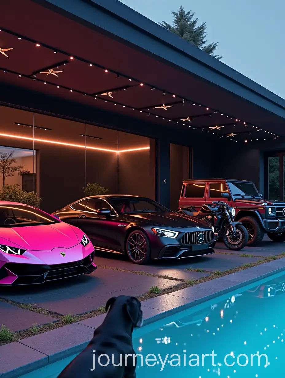 Luxury-Cars-and-Motorcycle-in-Modern-Black-House-Parking-Lot-with-Rottweiler-Dog