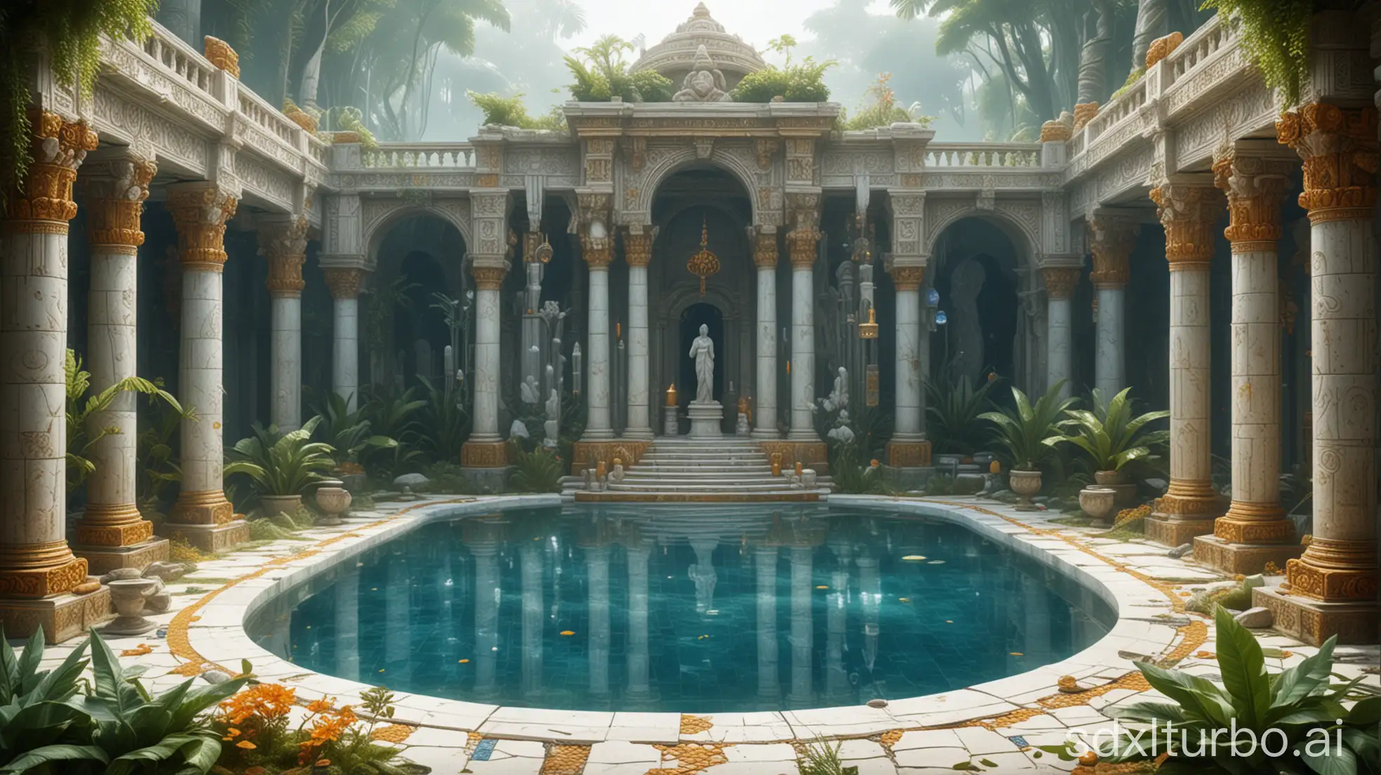 a vast luxury atlantide temple in fantasy style, with carved adorned white stone and amber sculptures, many colorful magical signs on walls, crystals, green plants, cups, blue and white pool mosaic, misty sunny atmosphere, highly detailed