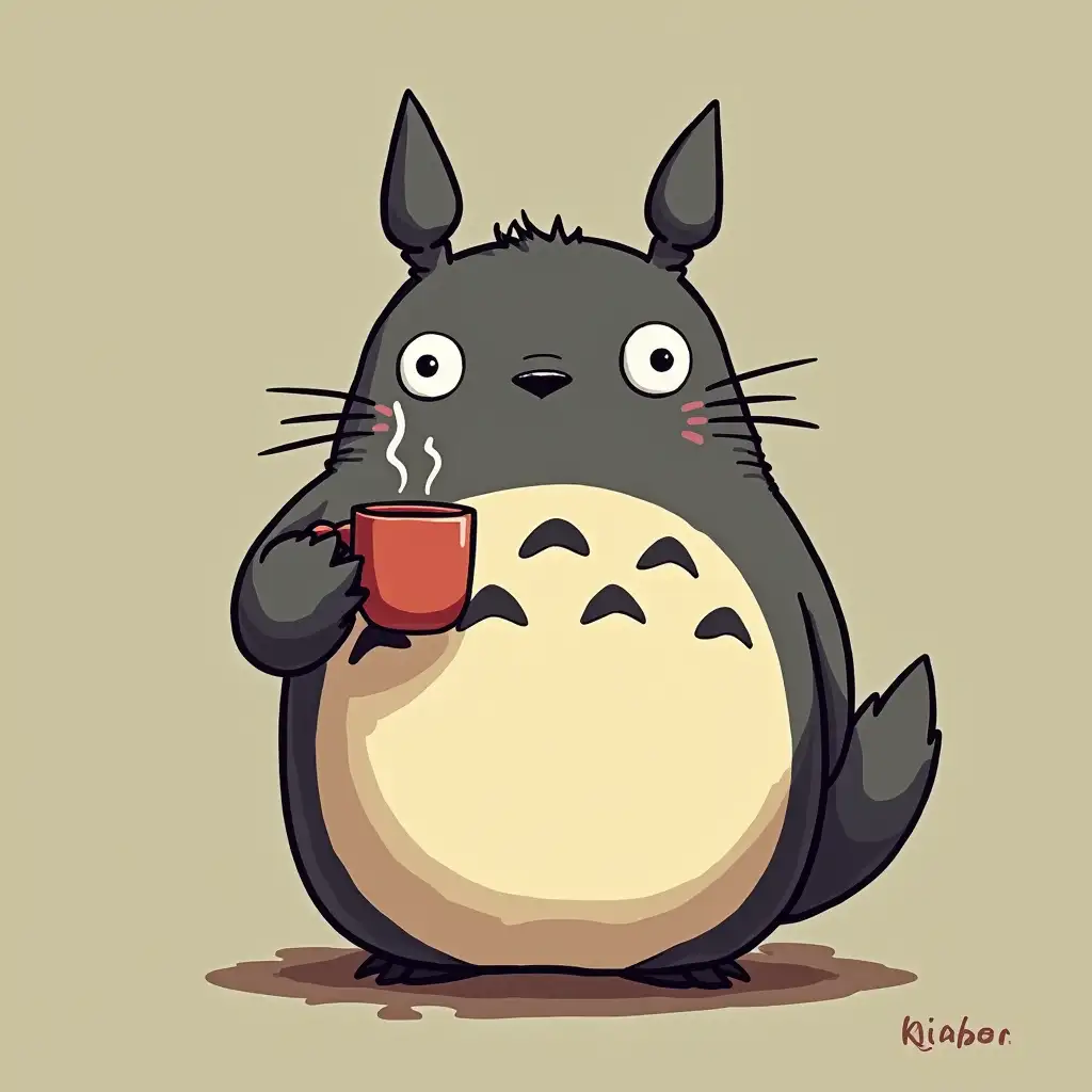 Totoro drinks coffee