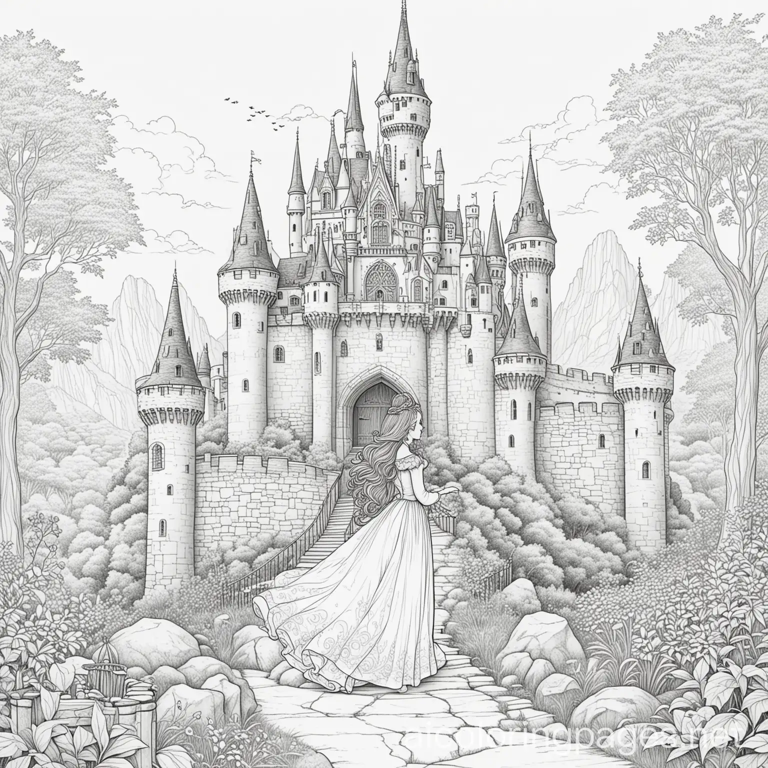 Elegant-Princess-in-a-Majestic-Castle-Black-and-White-Line-Art