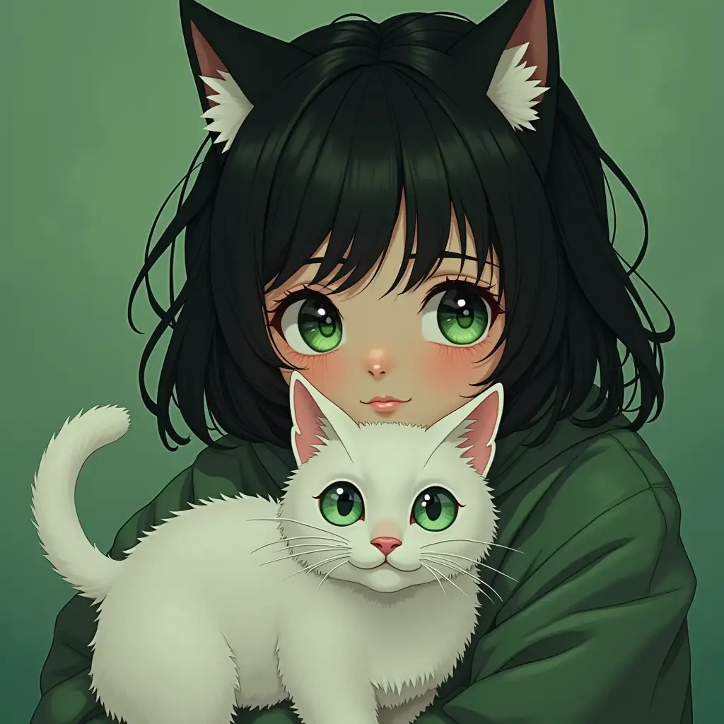 a girl with black hair green nature white cat