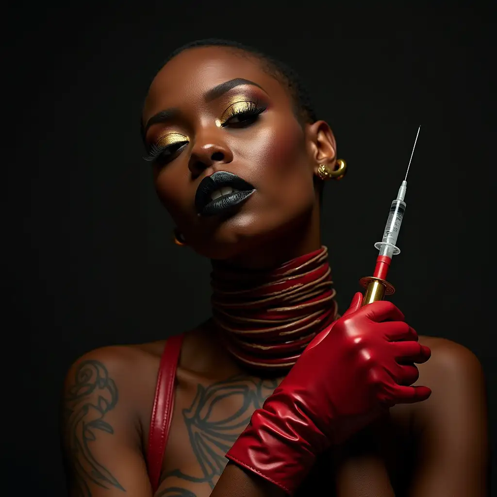 Fierce-African-Queen-in-Red-Leather-Straps-with-Tattoos-and-Bold-Accessories