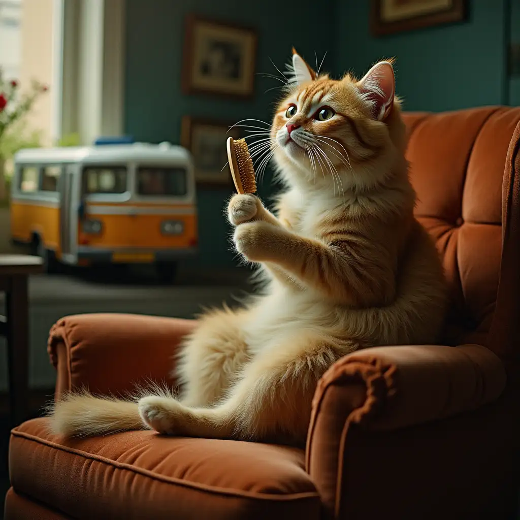 Surreal-Cat-on-Sofa-Combing-Hair-with-Brush-and-Bus-in-Background