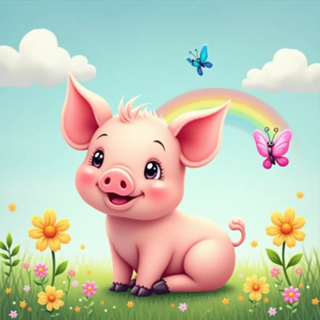 Cute-Pig-on-Grass-with-Flowers-Butterflies-and-Rainbow-in-the-Sky