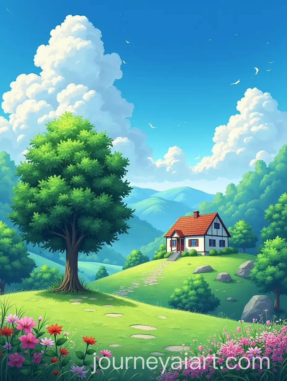 Anime-Landscape-with-House-Tree-and-Flowers-in-Vibrant-Scenery