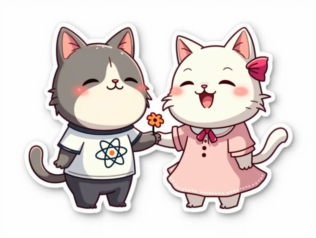 A curvilinearly cut sticker depicting a 2 kawaii positive fluffy little gray and white cats in office clothes with of an atom symbol on t-shirt. A gray cat holds out a flower to a white female cat in a dress with a pink bow behind its ear. vibrant and dynamic die cut sticker design top-view, high resolution, vector art,  white background, paint in anime style