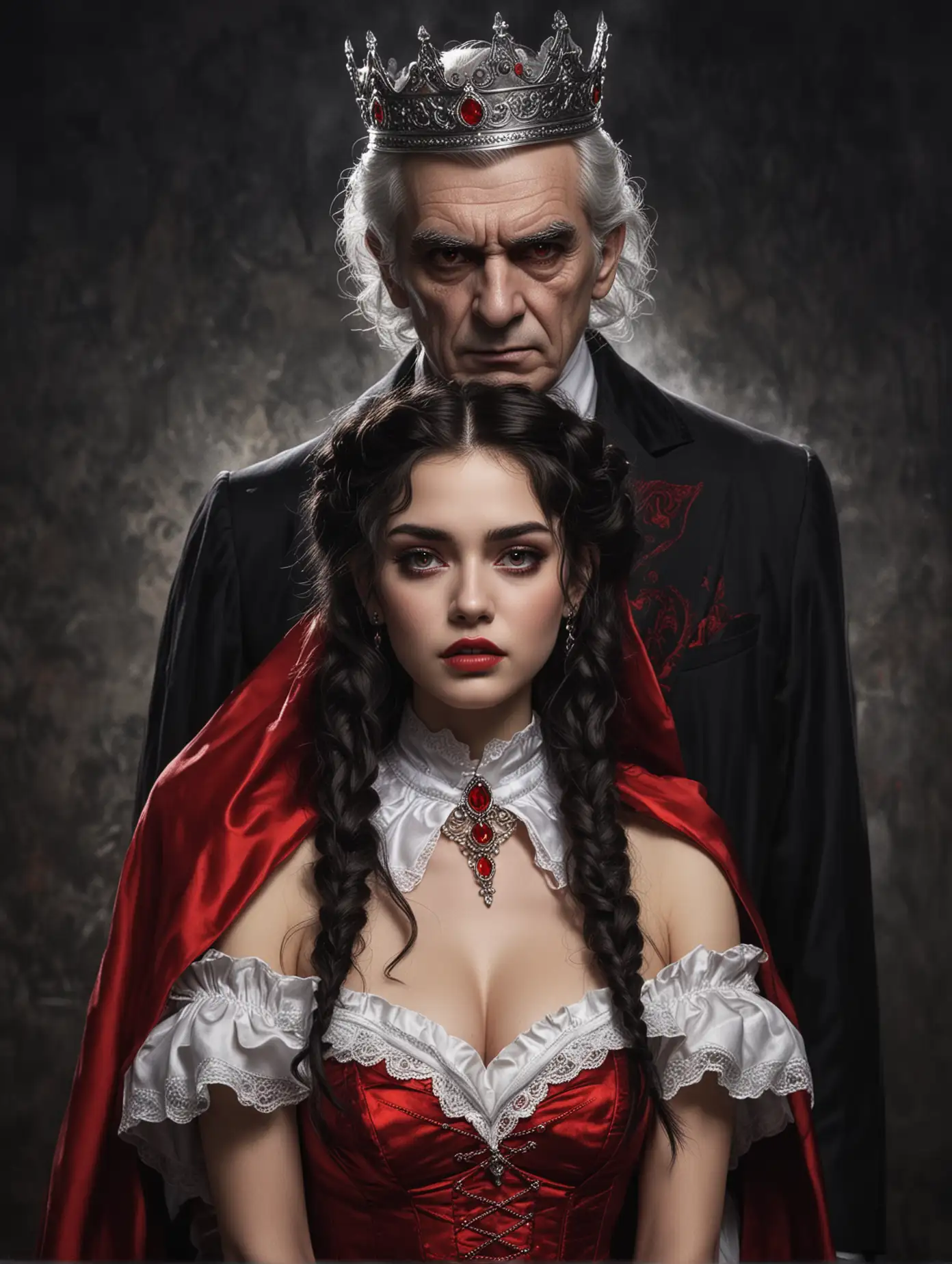 Subject: The image realistically portrays a beautiful idol girl with bright red hypnotic eyes standing with a sinister-looking, black-haired, very old man.
Items/Costume:
The girl is depicted standing in her iconic white wavy/curly hair styled in half up half down with braids, wearing a princess crown, necklace, earrings, white and red dress. Red lipstick on her slightly parted lips. Dark eye shadow enhances her rd eyes and adds depth to her stoic expression. Full Body.
The man is dressed in the iconic Dracula black and red suit and cape.