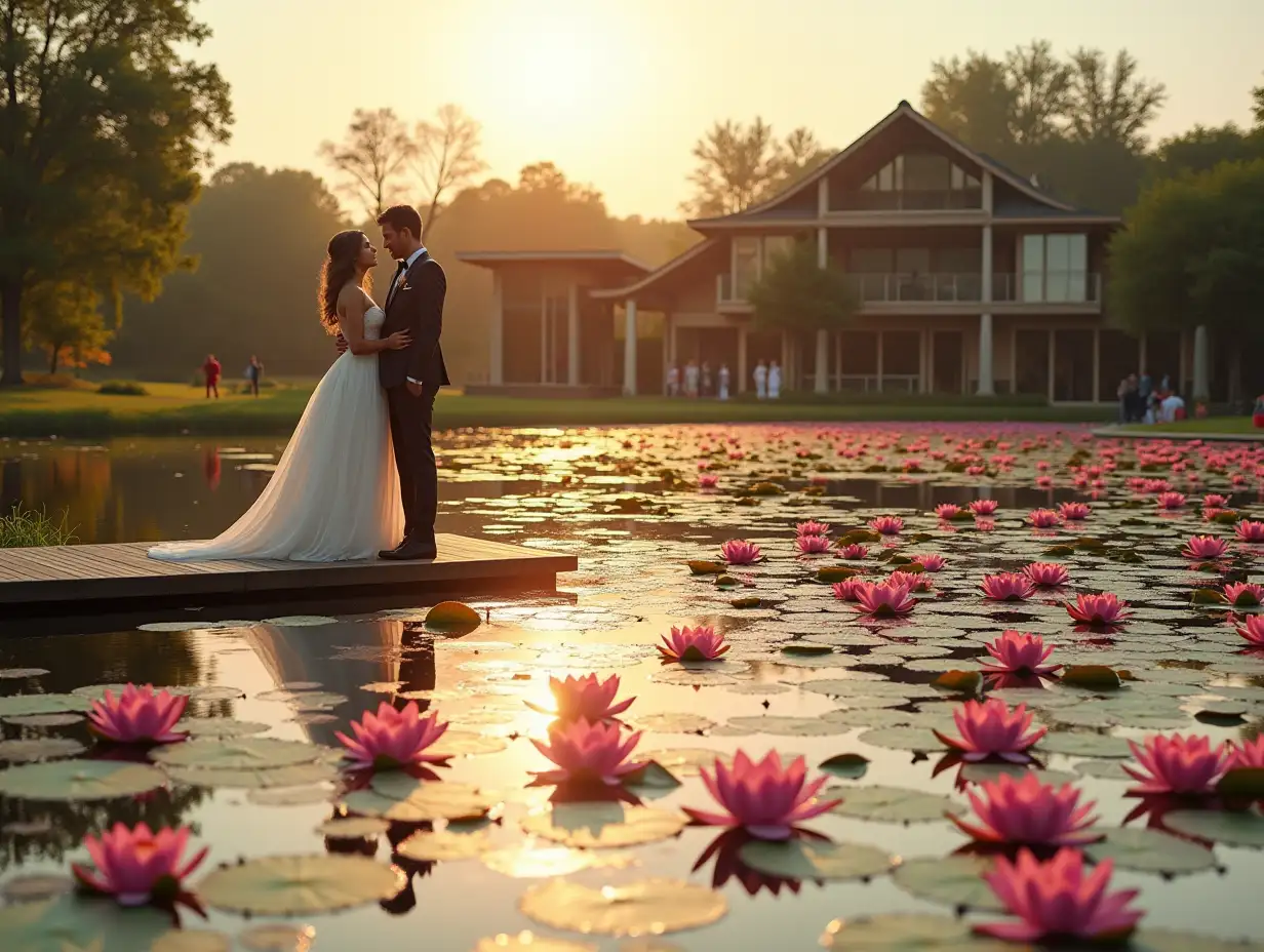 the newlyweds are standing on a small wooden pier located on the shore of a large pond with large pink water lilies, and on the other side of the pond with large pink water lilies, children and other people are walking and playing by the water, on the other side there is also a simple wooden pergola and a chalet house with panoramic windows in all walls from floor to roof, that is, each wall this is a panoramic window, everything else around the pond is a minimalist landscape design, a sunset sunny day and a lot of sunset sunlight, the newlyweds are in focus, and the background behind them is blurred