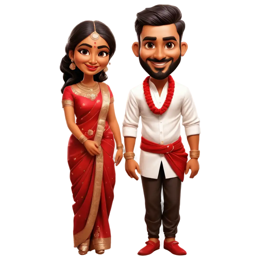 South-Indian-Wedding-Caricature-PNG-Image-Bride-in-Red-Saree-and-Groom-in-White-Lungi