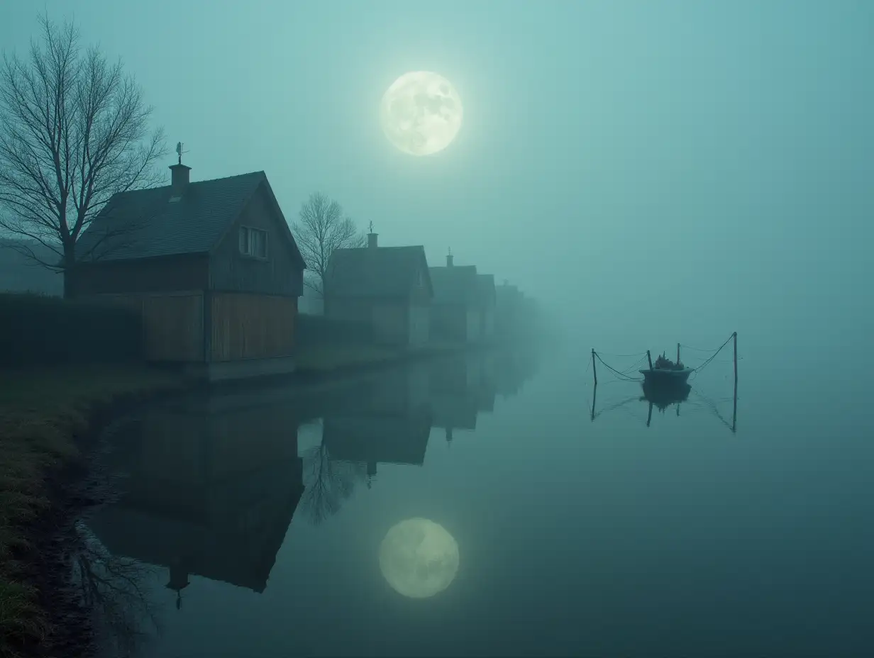 Dreamlike houses by a river with fishing nets and a small boat in the fog, the water steams and boils Ghost Moon