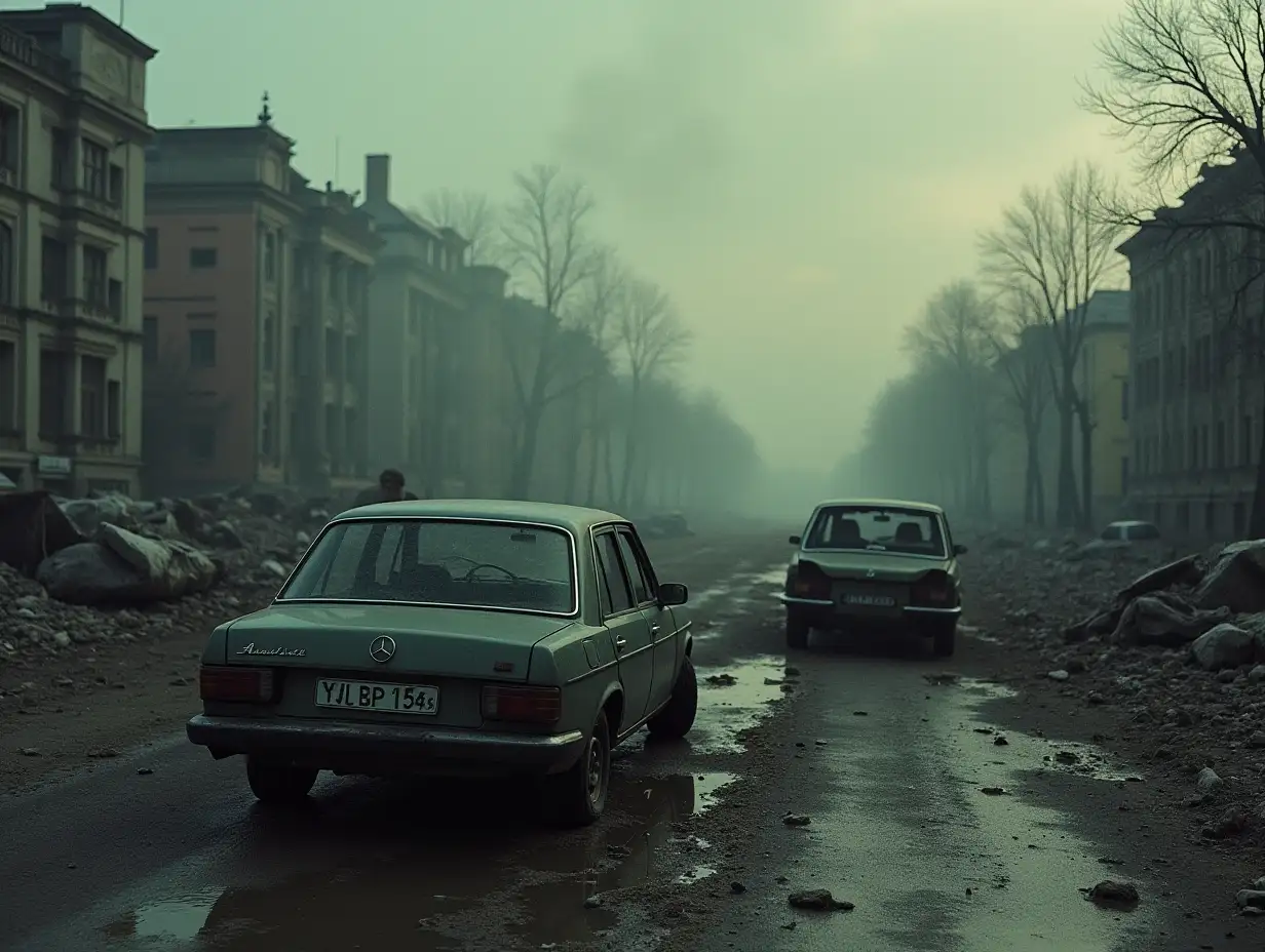 Nuclear war,post-apocalypse,moscow,devastation,broken cars,bodies of people on the ground,cinematographic,realism