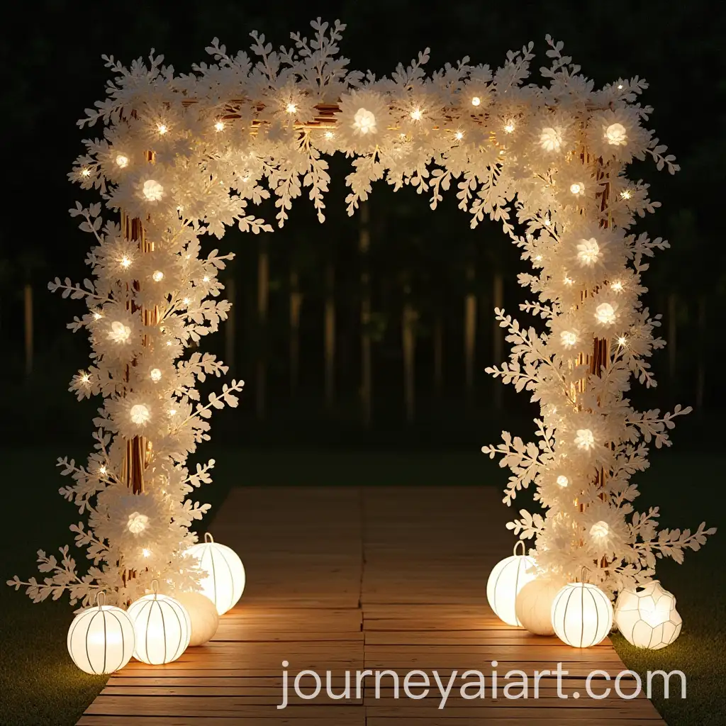 Wooden-Wedding-Arch-with-White-Paper-Orbs-Lanterns-and-Fairy-Lights