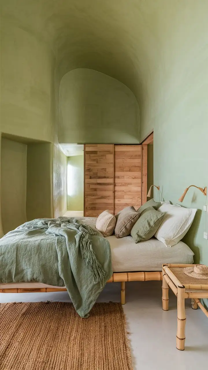 wide-angle, real interior design, minimalist bedroom, sustainable green materials, natural clay plaster walls, soft green hue, light bamboo furniture, reclaimed wood accents, organic cotton bedding, linen textiles, earthy green tones, woven jute rug, eco-friendly, natural, high-resolution, detailed