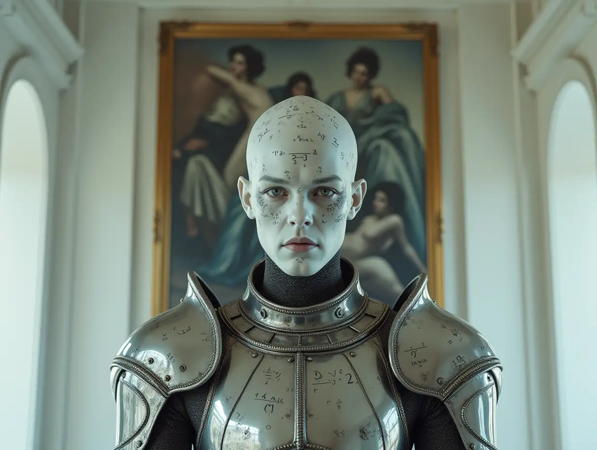 Mutant-Hybrid-Man-in-Chrome-Medieval-Armor-with-Mathematical-Tattoos-in-Surreal-Palace-Room