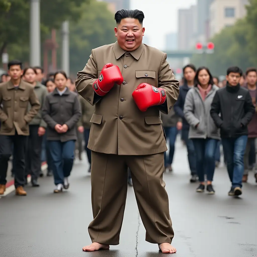 A humorous image of a leader Kim Jong-un confidently standing on a street, wearing kick boxing uniform with no shoes, striking a relaxed pose. The people around him are in a blurred background, looking surprised and confused. His casual and unexpected outfit contrasts with the serious atmosphere of the street, creating a funny and offbeat scene.