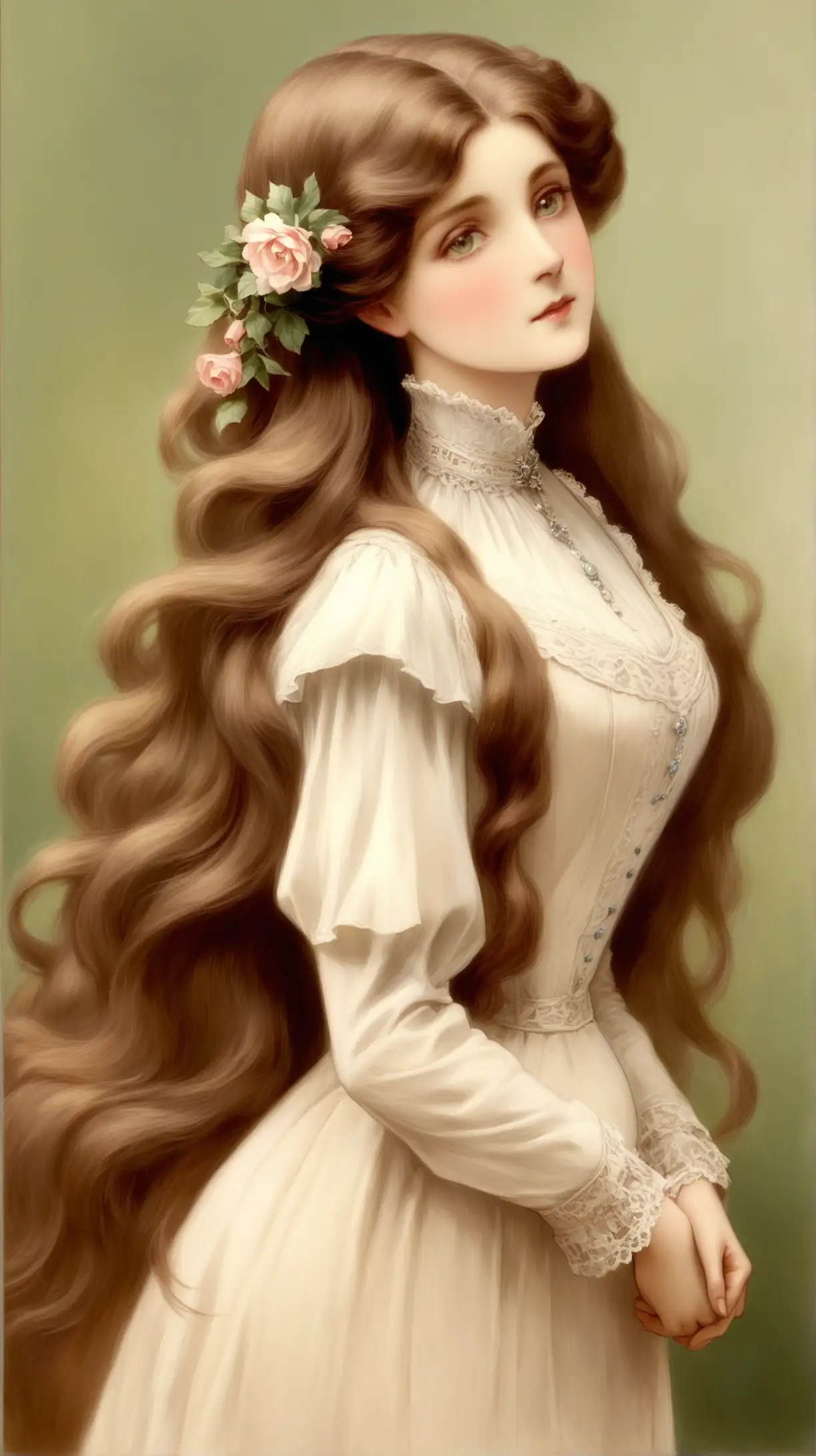 Innocent Beauty of an Edwardian Lady with Long Hair