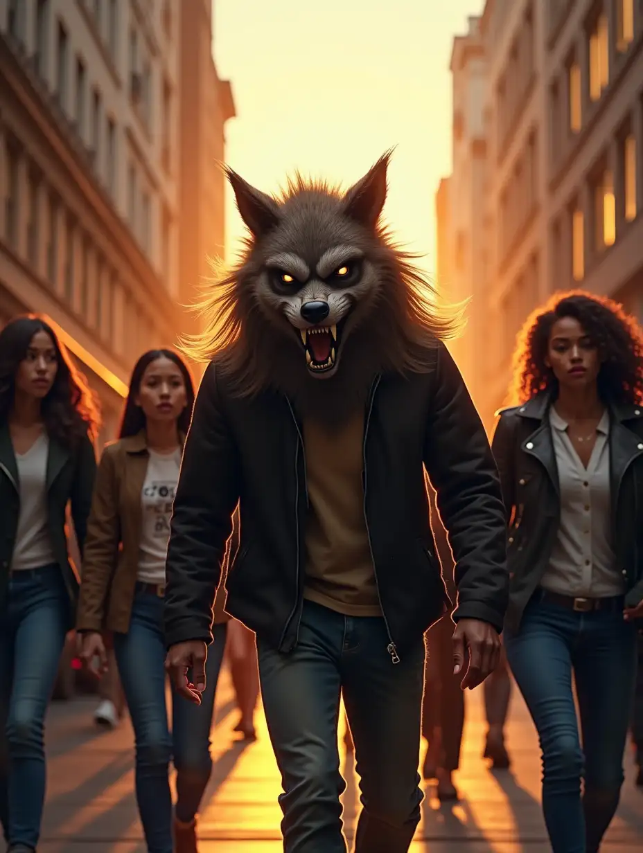 Image is a digital artwork depicting a bustling urban street scene at sunset. The layout is dynamic, with a central focus on a person wearing a realistic, detailed werewolf mask with long, flowing hair, sharp teeth, and a fierce expression. The mask is highly detailed, capturing the texture of fur and the intensity of the eyes. The person is dressed in casual attire, including a dark jacket, and is in mid-motion, suggesting urgency or movement. Surrounding the central figure are several pedestrians, each with varied facial features and skin tones, dressed in contemporary clothing, walking in different directions. The background features tall buildings with a warm, golden glow from the setting sun, casting long shadows and creating a dramatic atmosphere. The overall composition combines elements of fantasy and reality, with a focus on the contrast between the ordinary city life and the extraordinary presence of the werewolf figure.