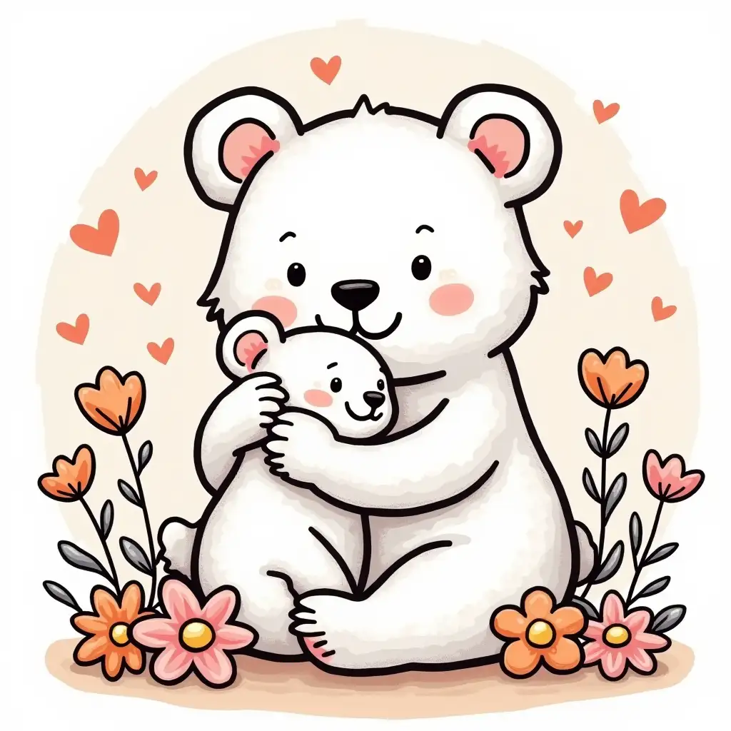 {An amazingly professionally drawn cute, whimsical mother bear hugging her cub, surrounded by flowers and hearts. The objects are drawn in thick black lines. The illustrations are designed with minimal details, crisp lines, clean lines, distinct edges, continuous lines} in the style of Keith Haring, bold lines, vibrant thick outlines, and kawaii-inspired.