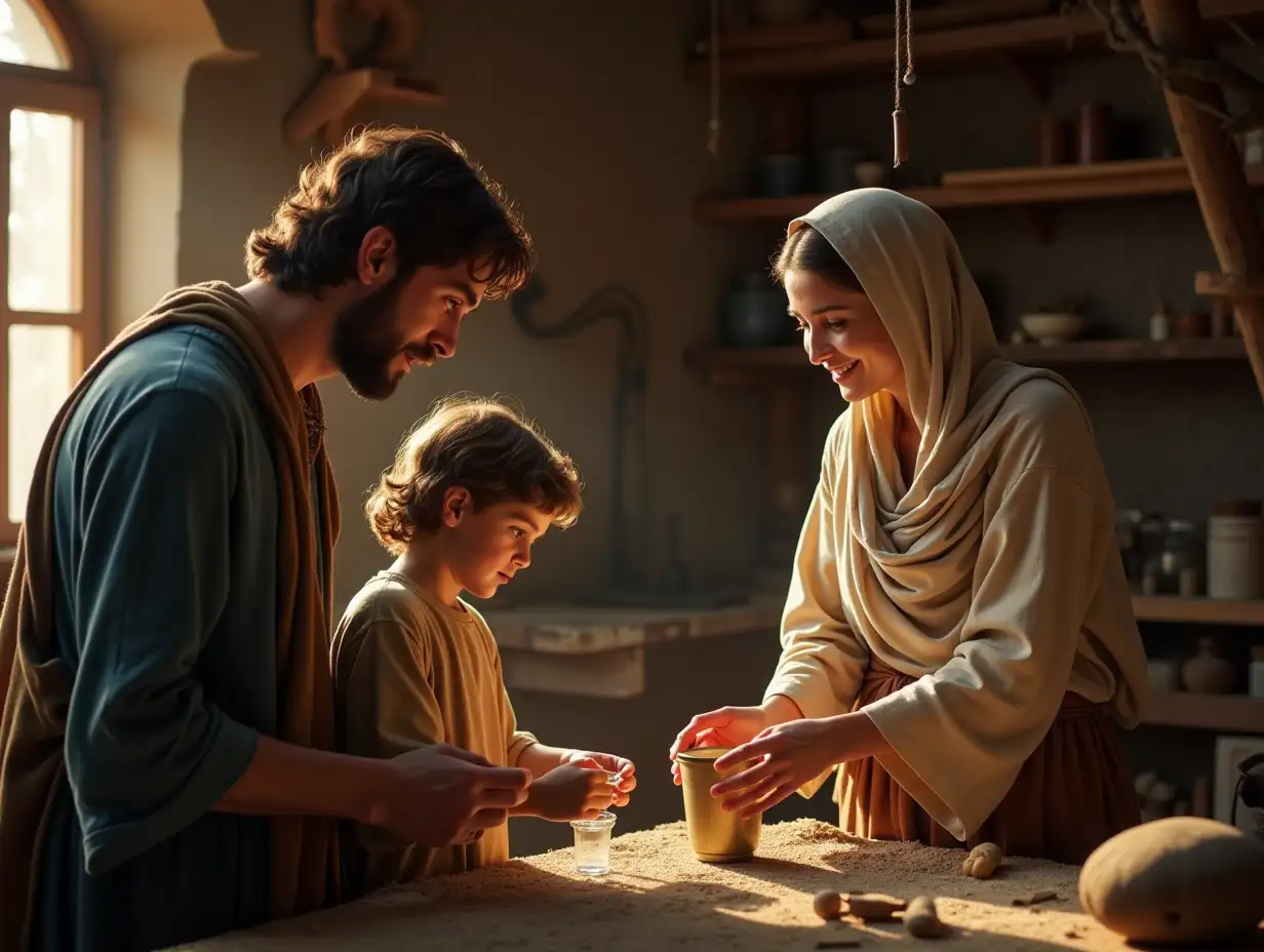 the young Jesus Christ brings water to Joseph working hard in his carpentry shop, the Blessed Virgin Mary watches them smiling